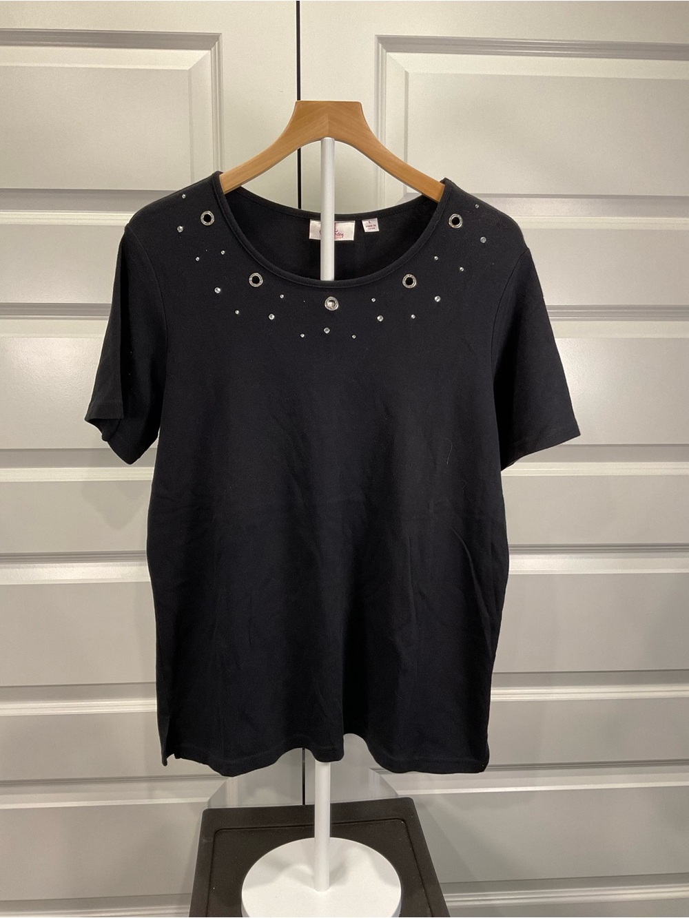 Black Short Sleeve Tee with Grommet & Stud Detail - Women's